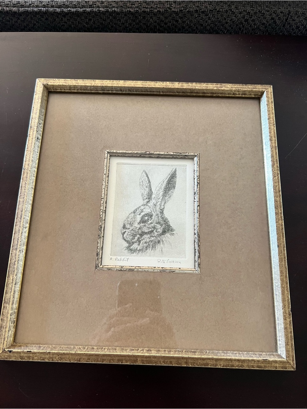 Framed Rabbit Sketch Wall Art in Brown and Gold